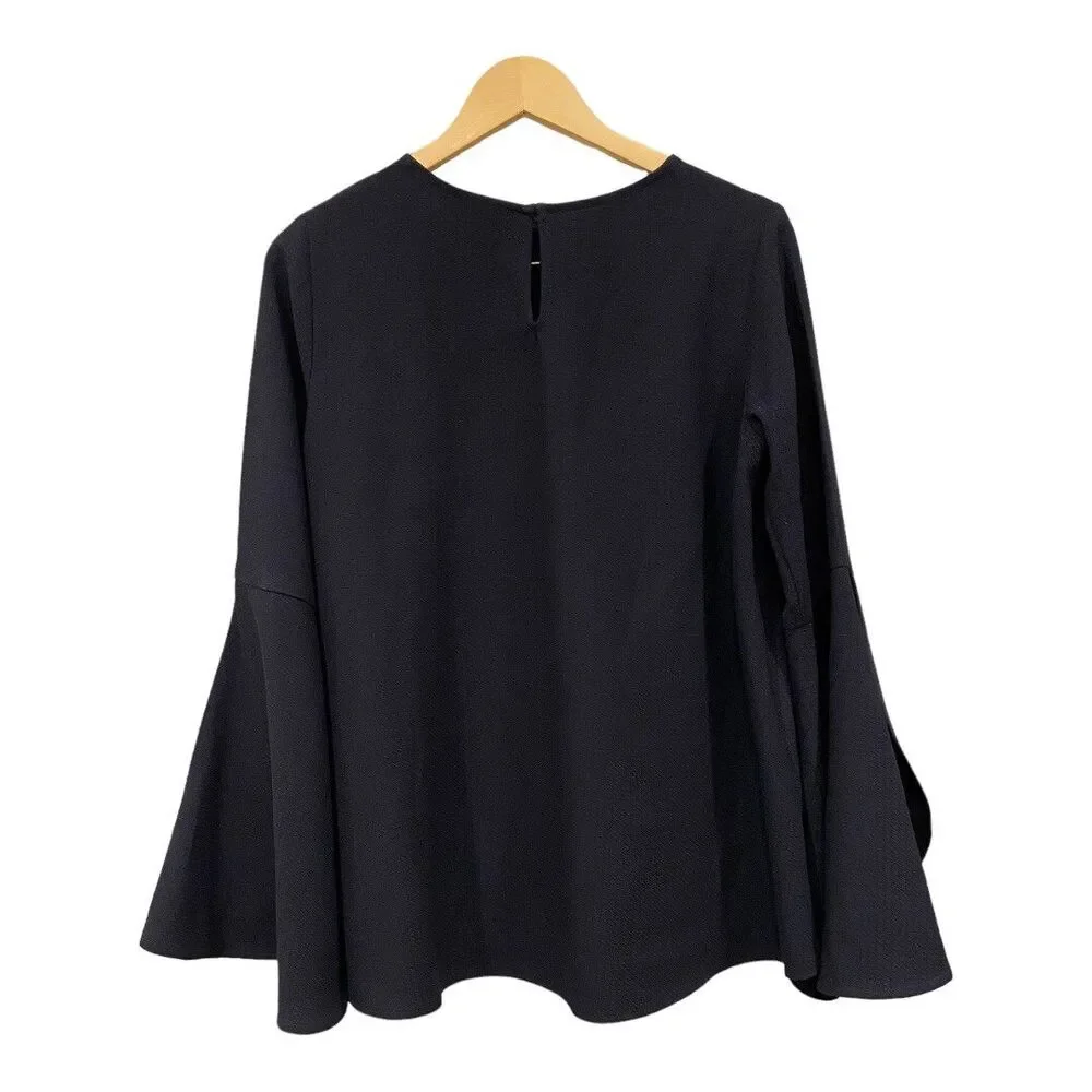 HALOGEN Navy Blue Blouse Flutter Bell Sleeve sz S - Picture 3 of 6